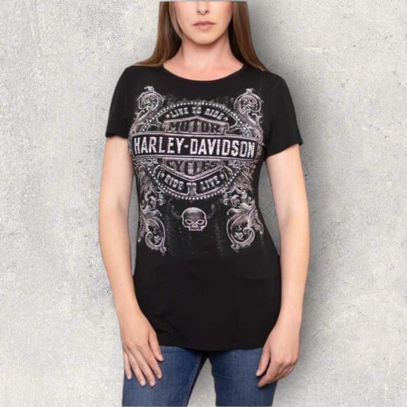 Harley‑Davidson Womens Large Devils Fume Embellished Mesh Back Tee Black - Picture 1 of 10